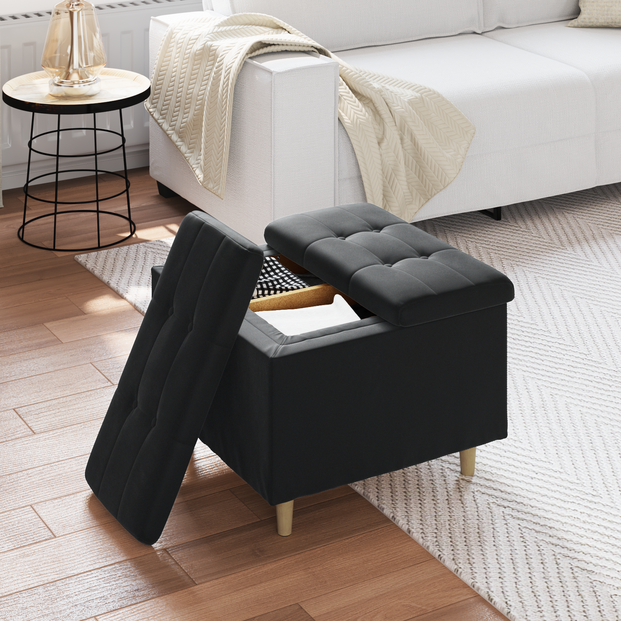 Storage Ottoman with Cushion Black 60 x 60 x 45 cm Velvet