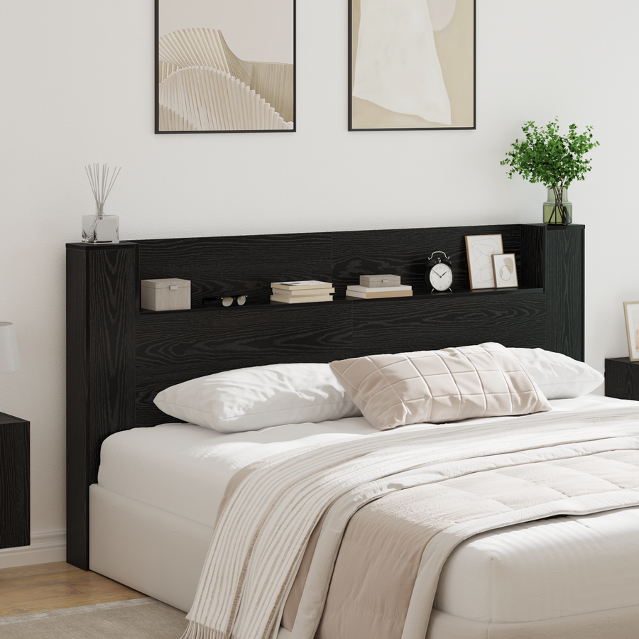Storage Headboard with LED Black Oak Engineered Wood