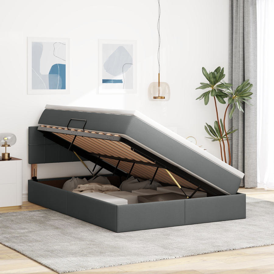 LED Storage Bed with Mattress Dark Grey 152 x 203 cm Fabric