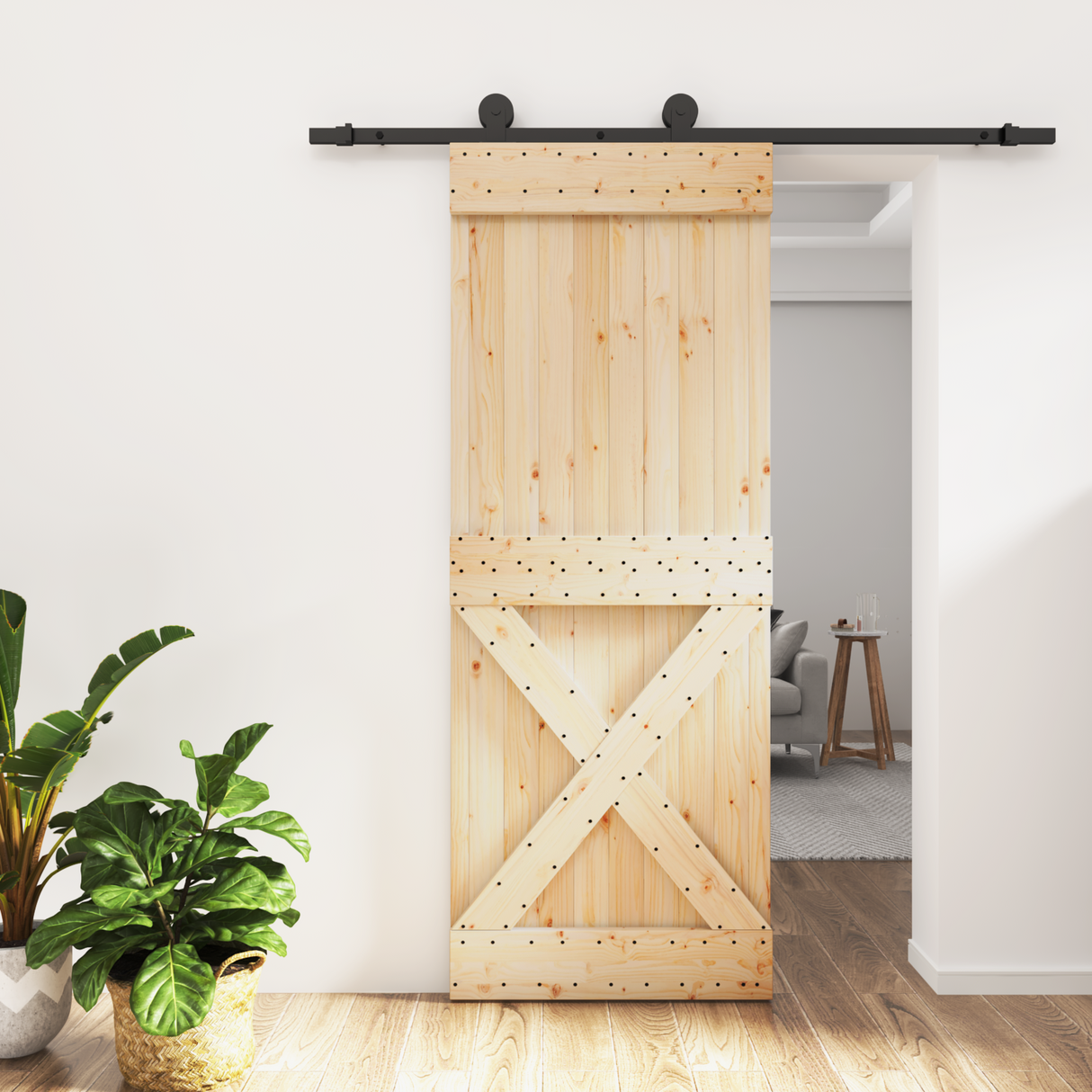 Sliding Door Natural and Black 80 x 210 cm Solid Pine Wood
