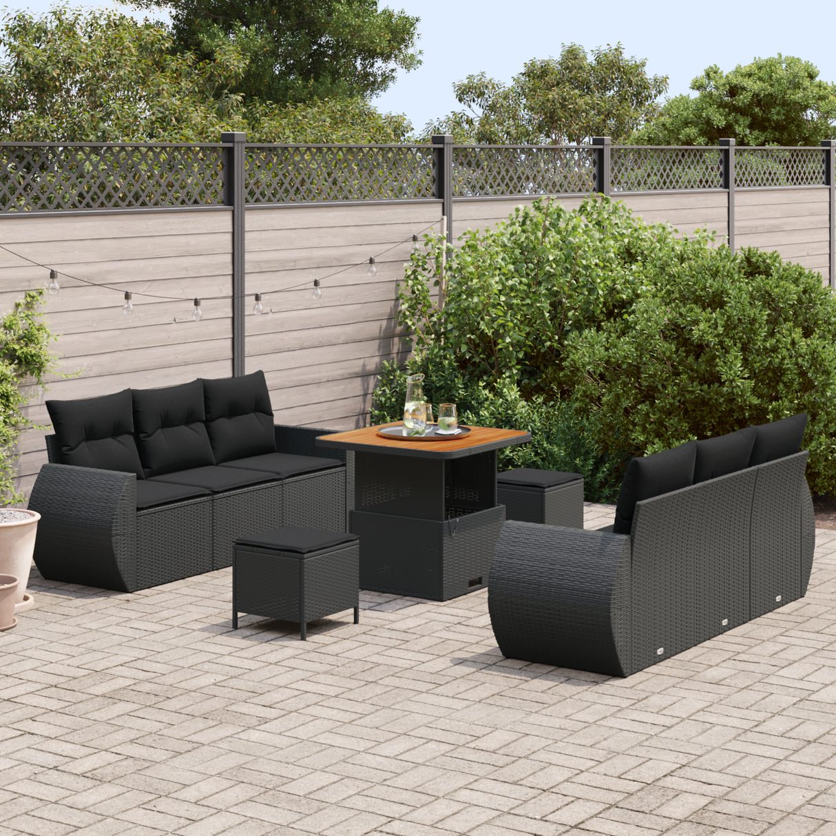 Garden Sofa Set with Cushion 9 pcs Black Poly Rattan