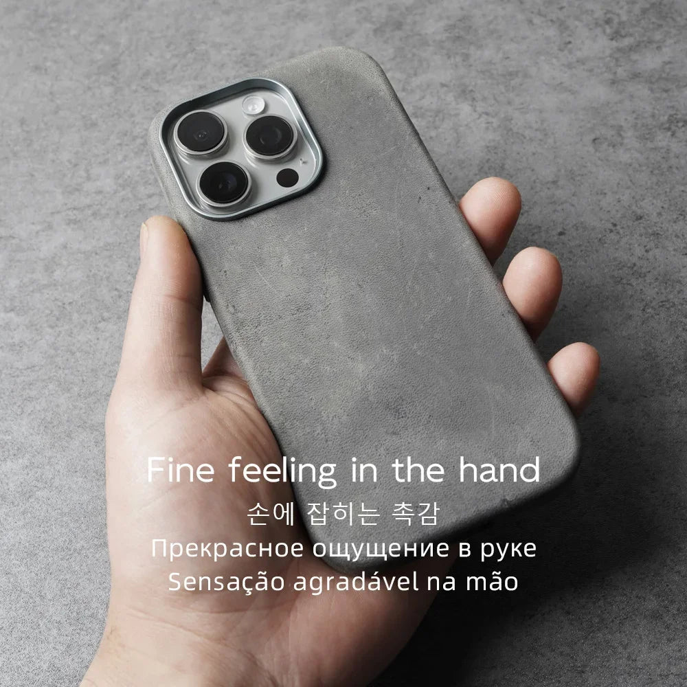 YMW Scars Crazy Horse Genuine Leather Case for iPhone 16 Pro Max 15 14 13 Mini Magnetic PULL-UP Frosty Cowhide Phone Cover