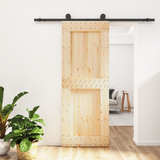 Sliding Door Natural and Black 80 x 210 cm Solid Pine Wood - Front View