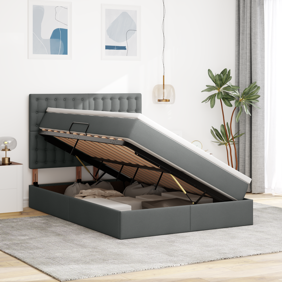 LED Storage Bed with Mattress Dark Grey 152 x 203 cm Fabric