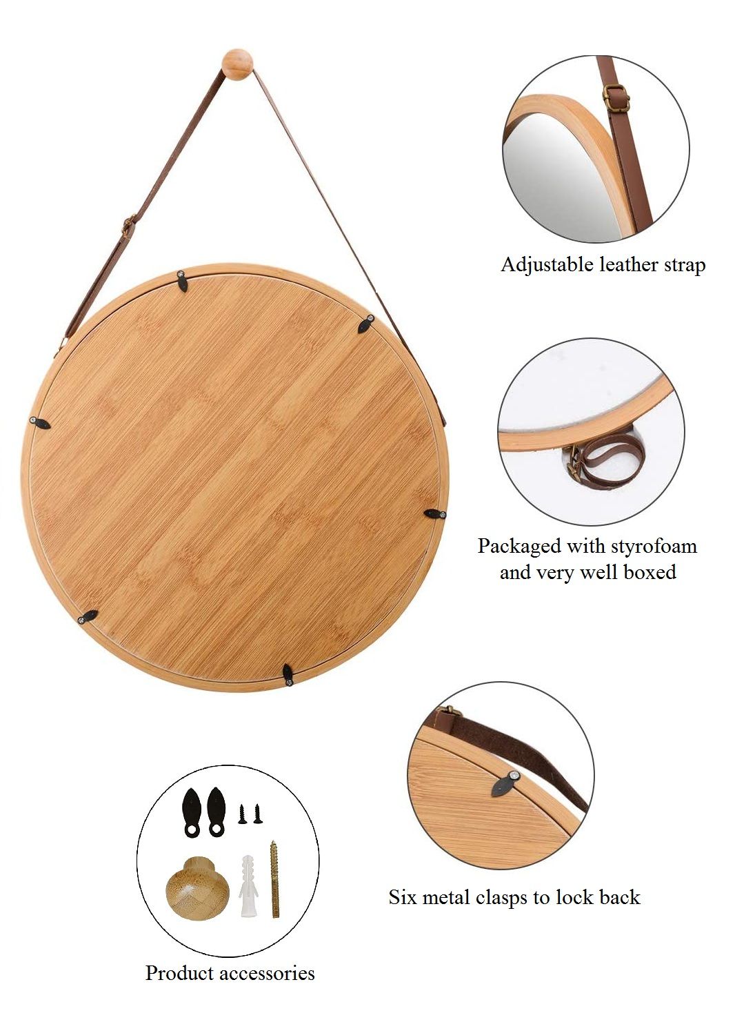 CARLA HOME Hanging Wall Mirror 38cm - Solid Bamboo Frame and Adjustable Leather Strap for Bathroom and Bedroom, Vanity Mirror, Makeup Mirror, Face Mirrors, Wall Shelf Mirror (Round 38 cm)-1992735290560745479