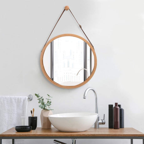 CARLA HOME Hanging Wall Mirror 45cm - Solid Bamboo Frame and Adjustable Leather Strap for Bathroom and Bedroom, Vanity Mirror, Makeup Mirror, Face Mirrors, Wall Shelf Mirror (Round 45 cm)-1978962234897993729
