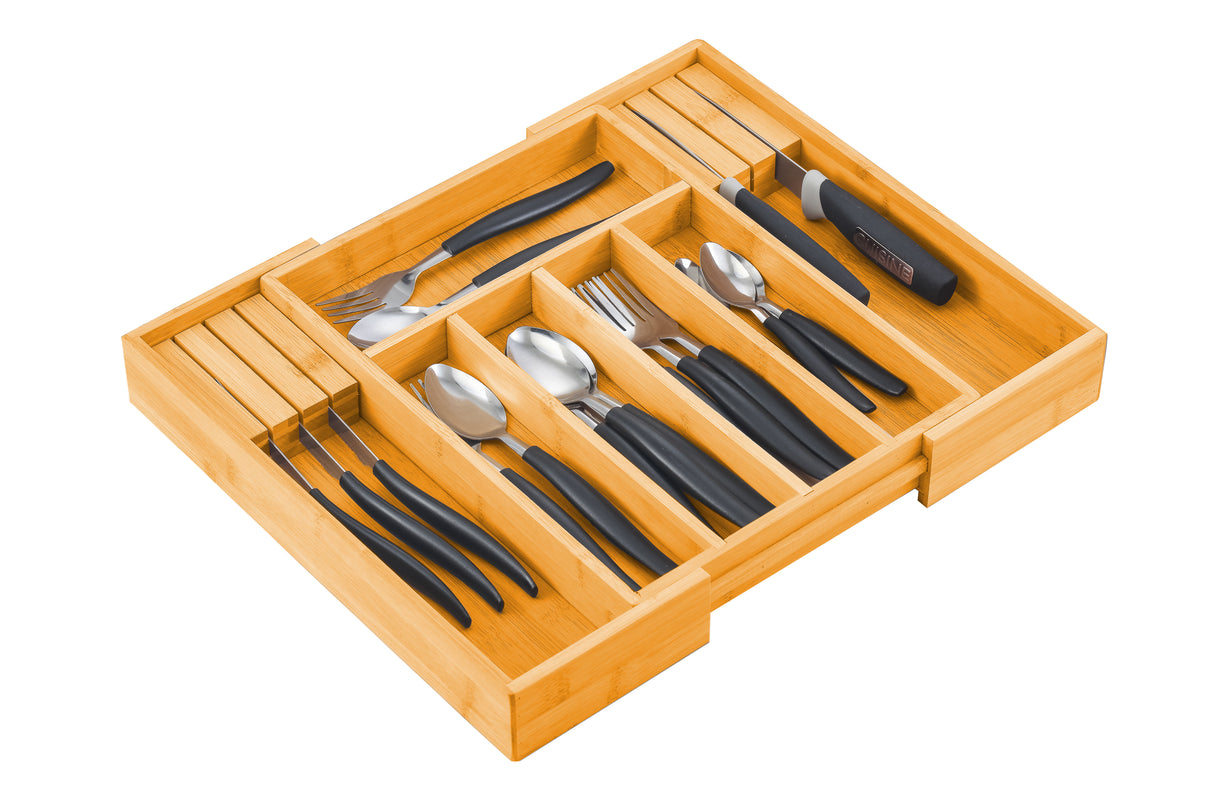 CARLA HOME Large Capacity Bamboo Expandable Drawer Organizer with Knife Block Holder for Home Kitchen Utensils-1992735295698767872