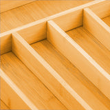 CARLA HOME Large Capacity Bamboo Expandable Drawer Organizer with Knife Block Holder for Home Kitchen Utensils - Low Angle