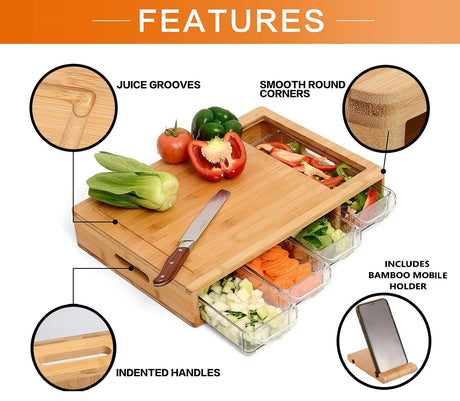CARLA HOME Large Bamboo Cutting Board and 4 Containers with Mobile Holder gift included for Home Kitchen-1992735302862639105