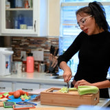 CARLA HOME Large Bamboo Cutting Board and 4 Containers with Mobile Holder gift included for Home Kitchen - Close-Up Angle