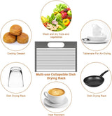 CARLA HOME Large Stainless Steel Roll Up Dish Drying Rack with Utensil Holder for Home Kitchen - Front View