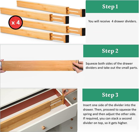 CARLA HOME  4 Pack Bamboo Adjustable Kitchen Drawer Dividers (Large, 44-55 cm)-1978962236802207751