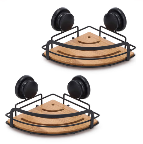 CARLA HOME  2 Pack Round Bamboo Corner Shower Caddy Shelf Basket Rack with Premium Vacuum Suction Cup No-Drilling for Bathroom and Kitchen-1992735302111858688