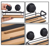 CARLA HOME 2 Pack Rectangular Bamboo Corner Shower Caddy Shelf Basket Rack with Premium Vacuum Suction Cup No-Drilling for Bathroom and Kitchen - Close-Up Angle