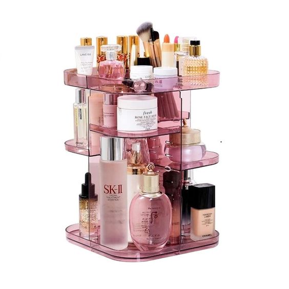 CARLA HOME 360 Rotating Large Capacity Makeup Organizer for Bedroom and Bathroom (Pink)-1978962239369121801