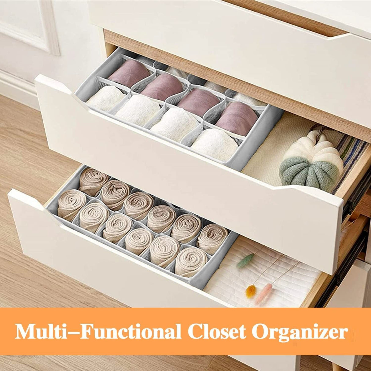 CARLA HOME Set of 2 Fabric Drawer Organizer Divider Storage Boxes for Storing Socks, Underwear, Ties, Scarves (Grey)-1978962239570448390