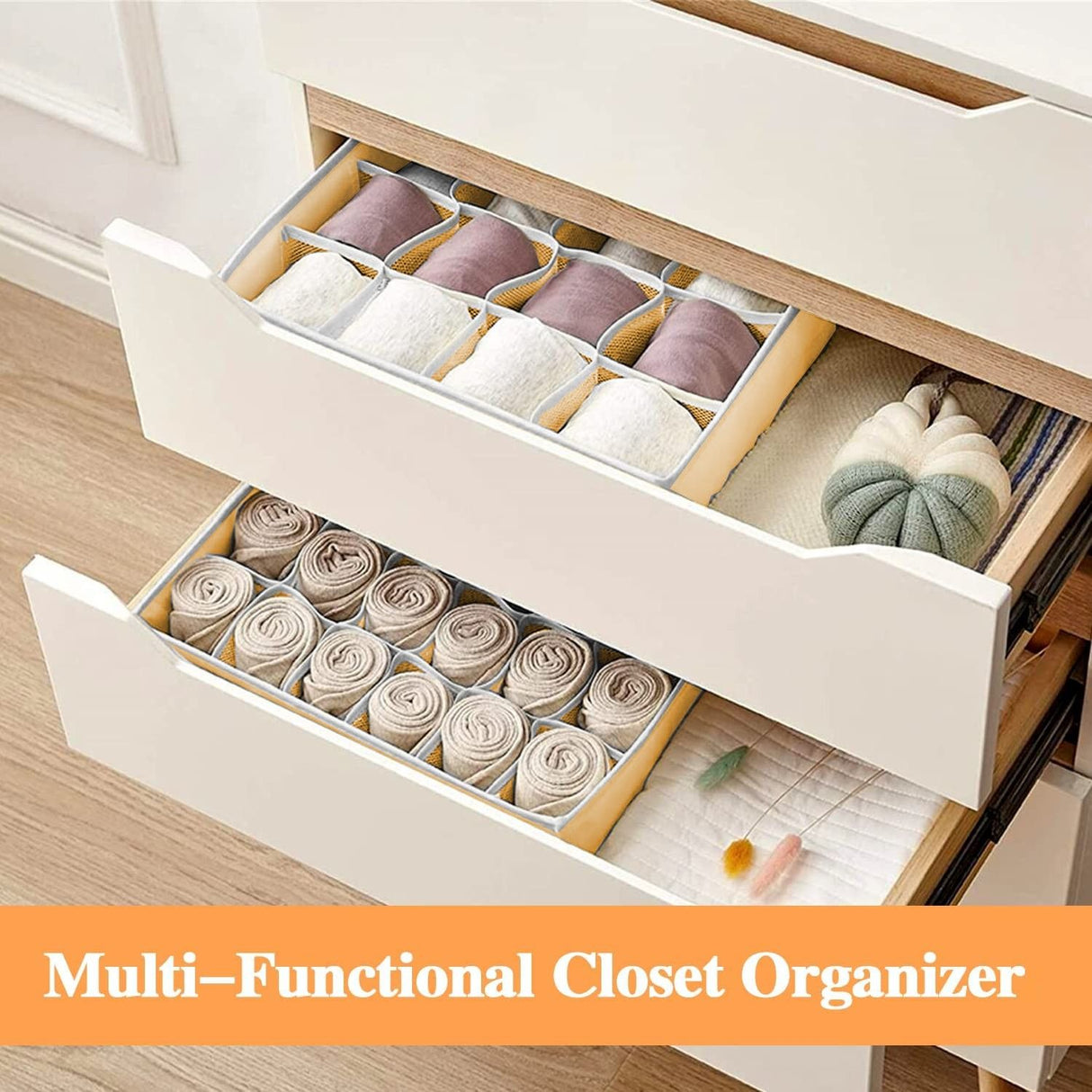 CARLA HOME Set of 2 Fabric Drawer Organizer Divider Storage Boxes for Storing Socks, Underwear, Ties, Scarves (Beige)-1978962239771774980