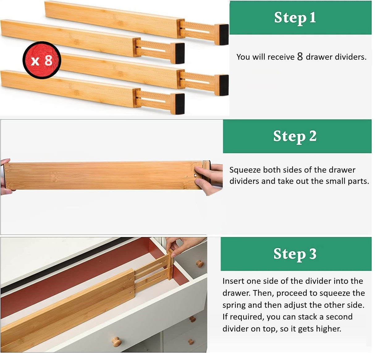 8 Pack Bamboo Adjustable Kitchen Drawer Dividers (Large, 44-55 cm)-1978962241608880133