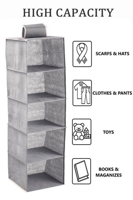 2 Pack 5-Tier Shelf Hanging Closet Organizer and Storage for Clothes (Grey)-1978962242040893442