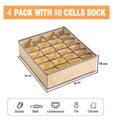 Set of 4 Fabric Drawer Organizer Divider Storage Boxes for Storing Socks, Underwear, Ties, Scarves (Beige) - Front View