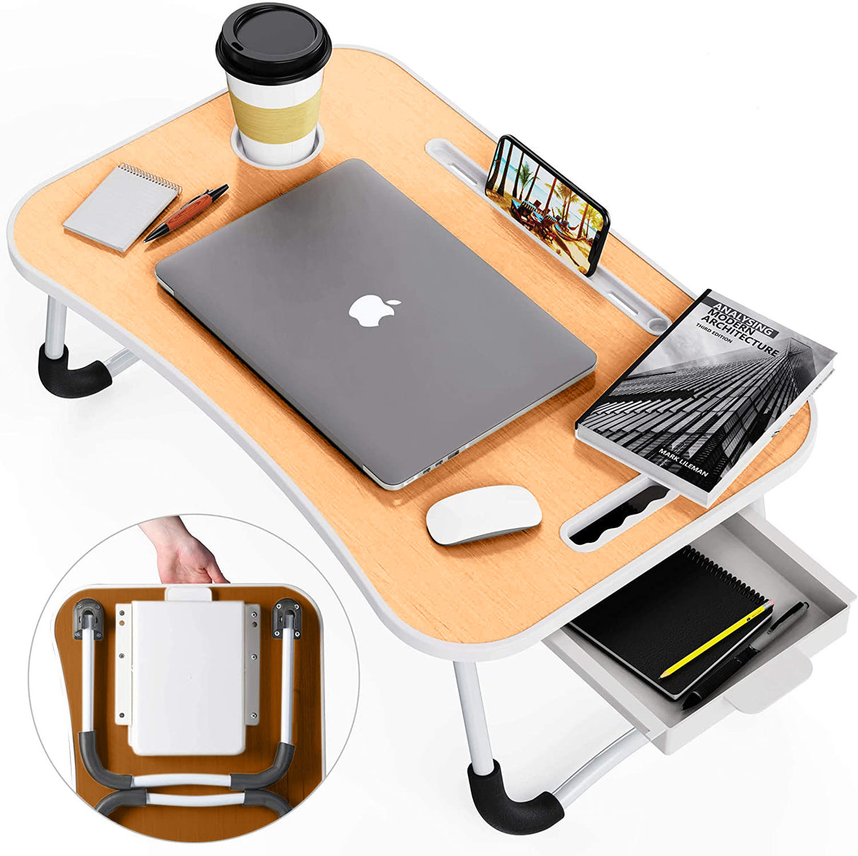 CARLA HOME Laptop Bed Desk with storage, Breakfast Bed Tray with Foldable Legs, Portable Desk, Sofa Tray with Foldable Legs, Laptop Desk for Bed, Laptop Stand for Bed Tray, Computer Bed Table for Laptop for Adults, Kids & Home Office (Natural)-1978962243877998593
