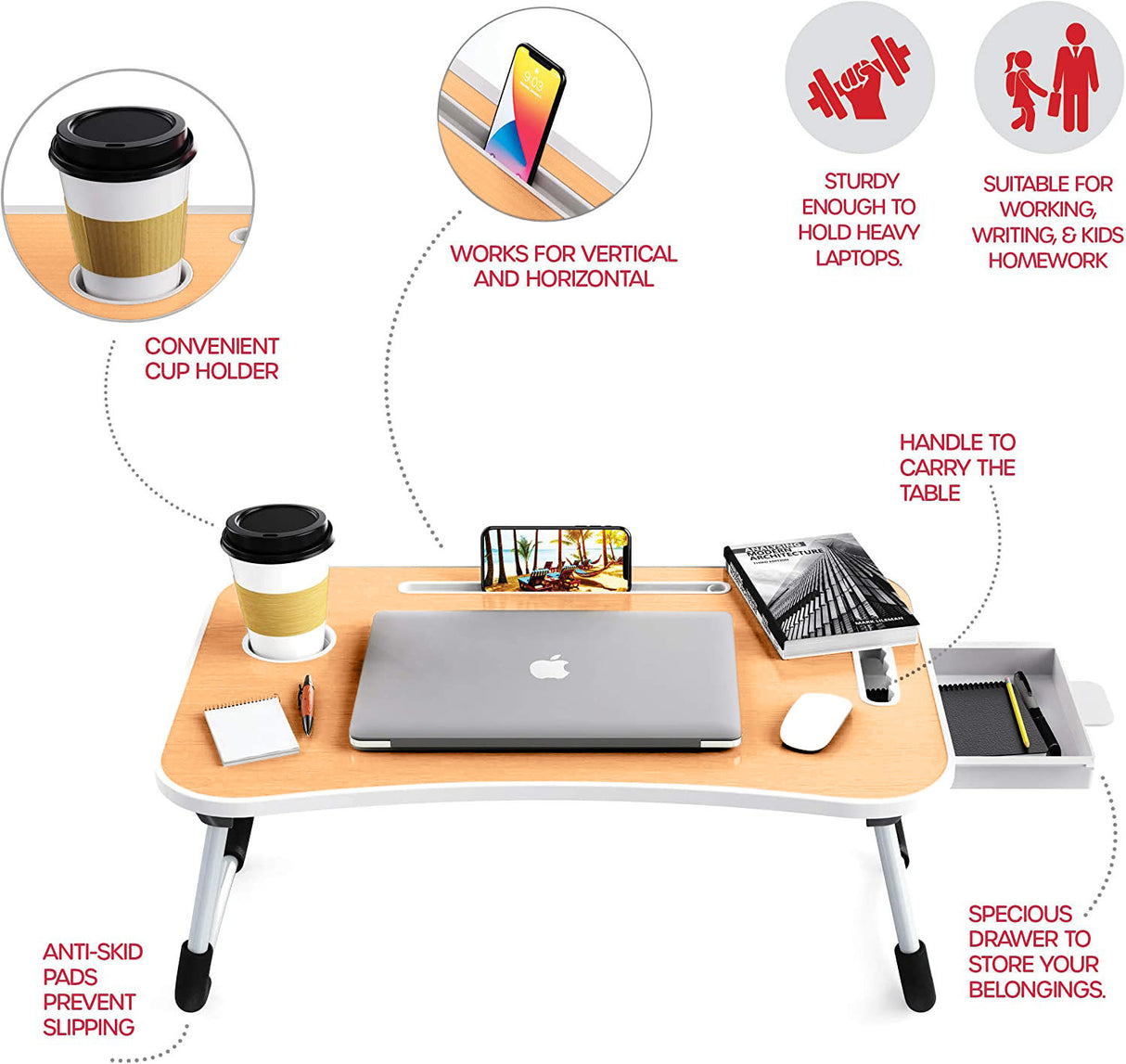 CARLA HOME Laptop Bed Desk with storage, Breakfast Bed Tray with Foldable Legs, Portable Desk, Sofa Tray with Foldable Legs, Laptop Desk for Bed, Laptop Stand for Bed Tray, Computer Bed Table for Laptop for Adults, Kids & Home Office (Natural)-1978962243877998597