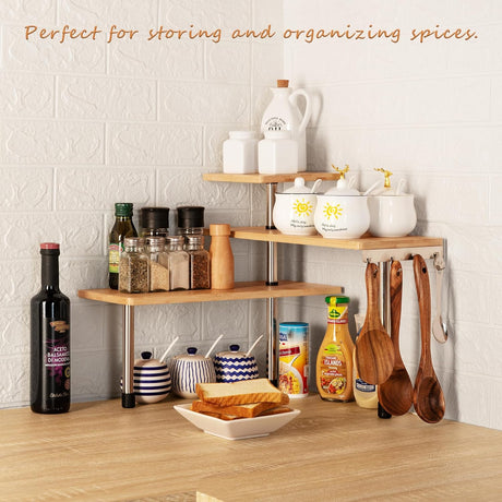 3 Tier Corner Shelf Kitchen Spice Rack Organiser with Hooks for Home Storage & Organisation, Adjustable Bamboo Wall Shelf for Pantry Organiser, Freestanding Spice Jars Storage Rack for Kitchen Storage & Organisation-1992735302694866945