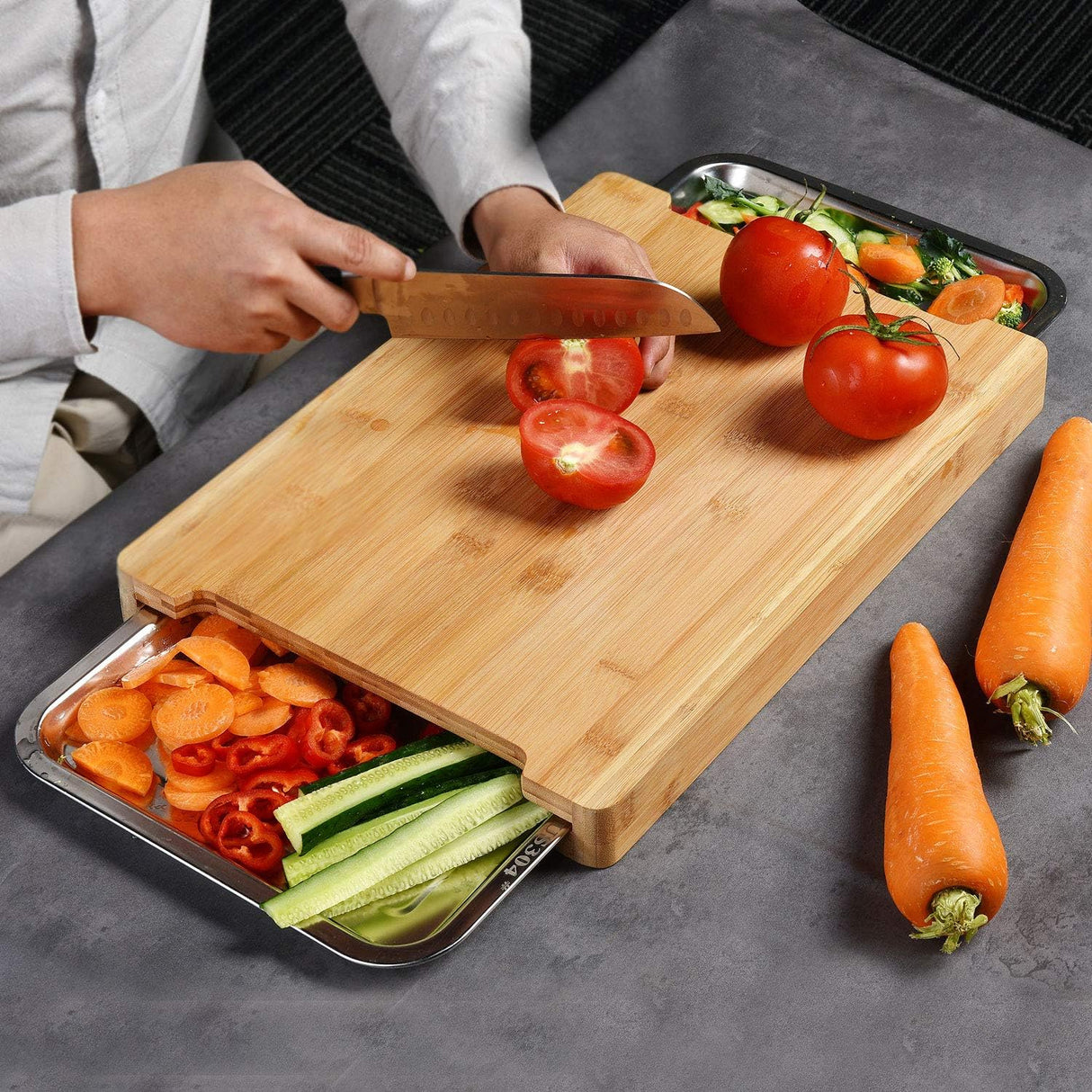 CARLA HOME Chopping Board with with 2 Organiser Stainless Steel Trays Containers-1992735287557623809