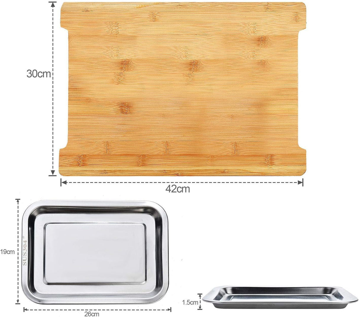 CARLA HOME Chopping Board with with 2 Organiser Stainless Steel Trays Containers-1992735287557623815