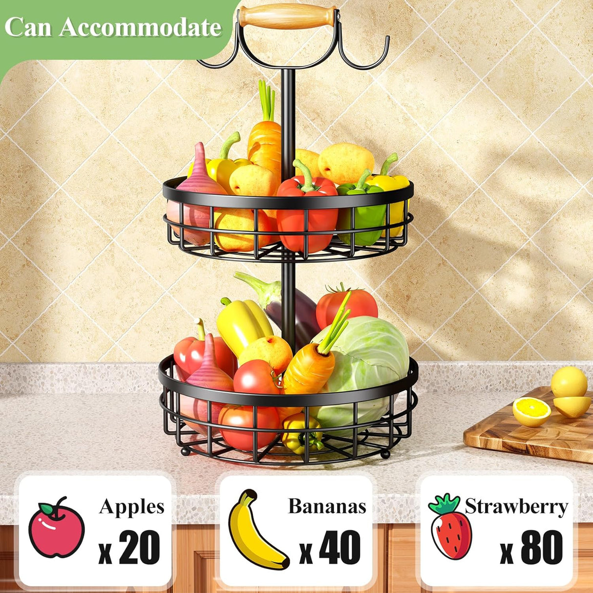 CARLA HOME 2-Tier Fruit Basket Bowl Storage with Wood Lift Handle and Dual Banana Tree Hanger for Kitchen Countertop-1992735292842446850
