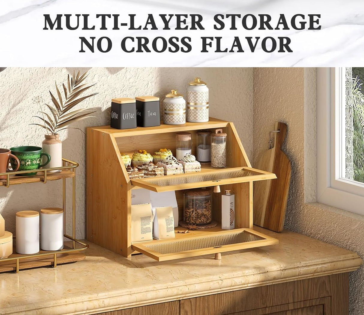 CARLA HOME Double Layer Bamboo Bread Box for Kitchen Counter with Large Capacity and Clear Window-1992735293874245634