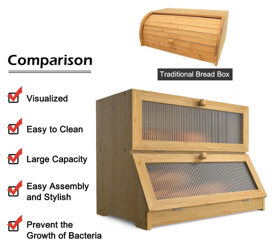 CARLA HOME Double Layer Bamboo Bread Box for Kitchen Counter with Large Capacity and Clear Window-1992735293874245638