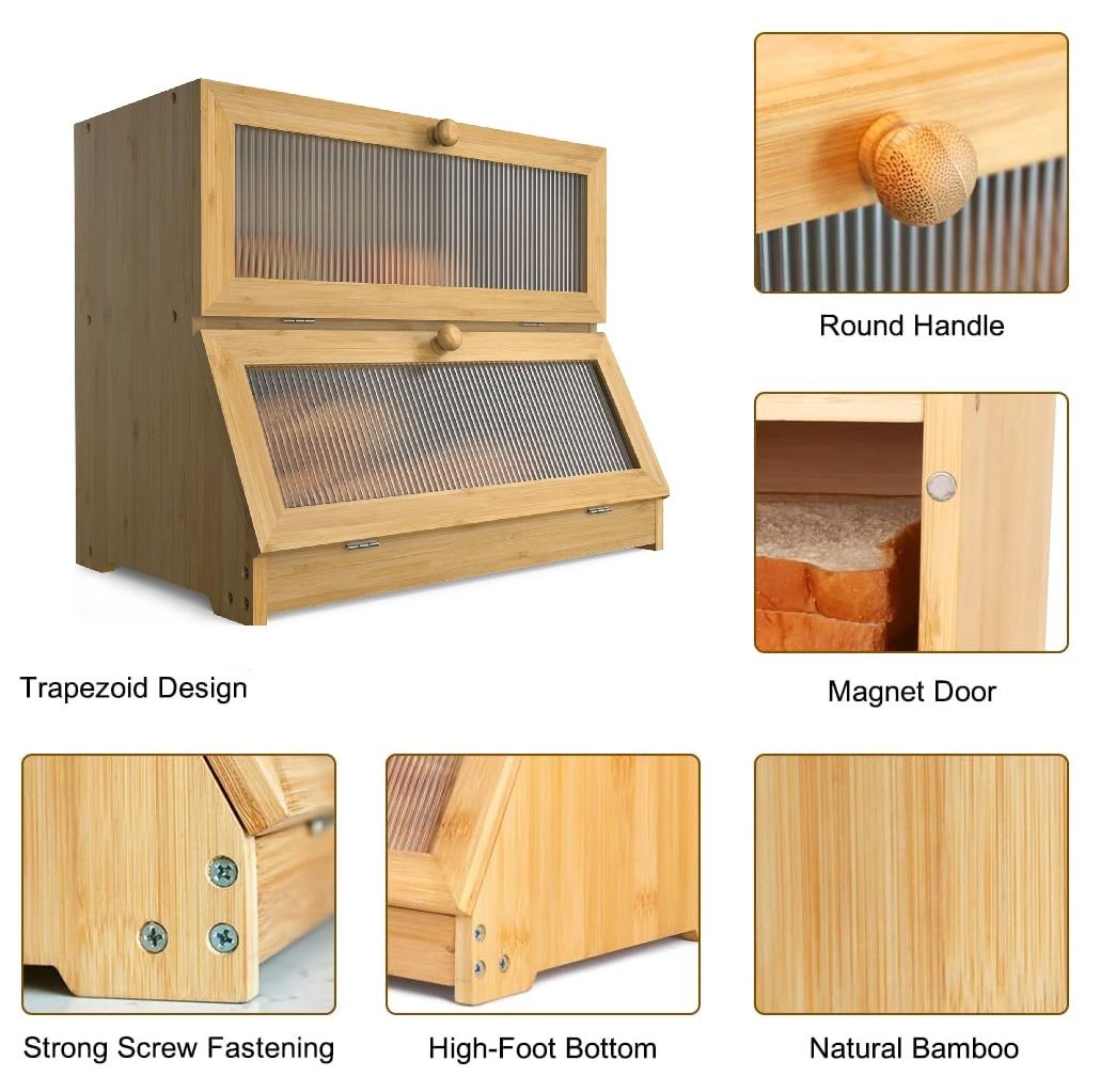 CARLA HOME Double Layer Bamboo Bread Box for Kitchen Counter with Large Capacity and Clear Window-1992735293874245639