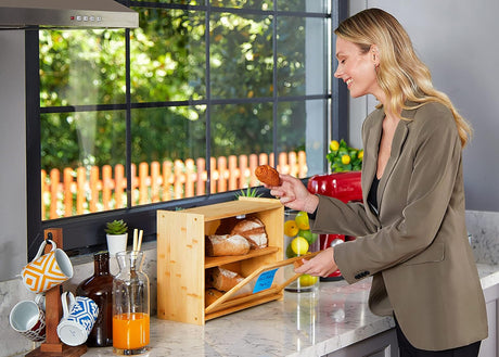 CARLA HOME Double Layer Bamboo Bread Box for Kitchen Counter with Large Capacity and Transparent Window-1992735286244806658