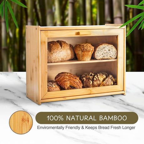 CARLA HOME Double Layer Bamboo Bread Box for Kitchen Counter with Large Capacity and Transparent Window-1992735286244806660