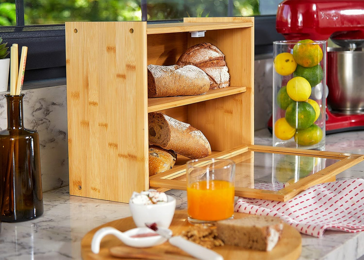 CARLA HOME Double Layer Bamboo Bread Box for Kitchen Counter with Large Capacity and Transparent Window-1992735286244806664