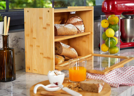 CARLA HOME Double Layer Bamboo Bread Box for Kitchen Counter with Large Capacity and Transparent Window-1992735286244806664