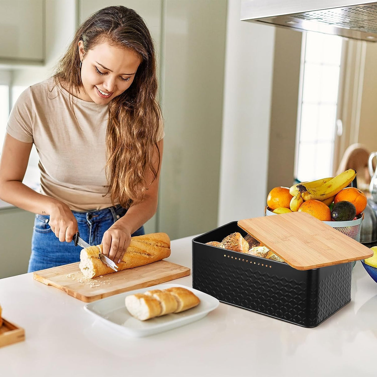 CARLA HOME Bread Bin with Bamboo Lid used as Chopping Board for Kitchen Countertop-1992735287352102917