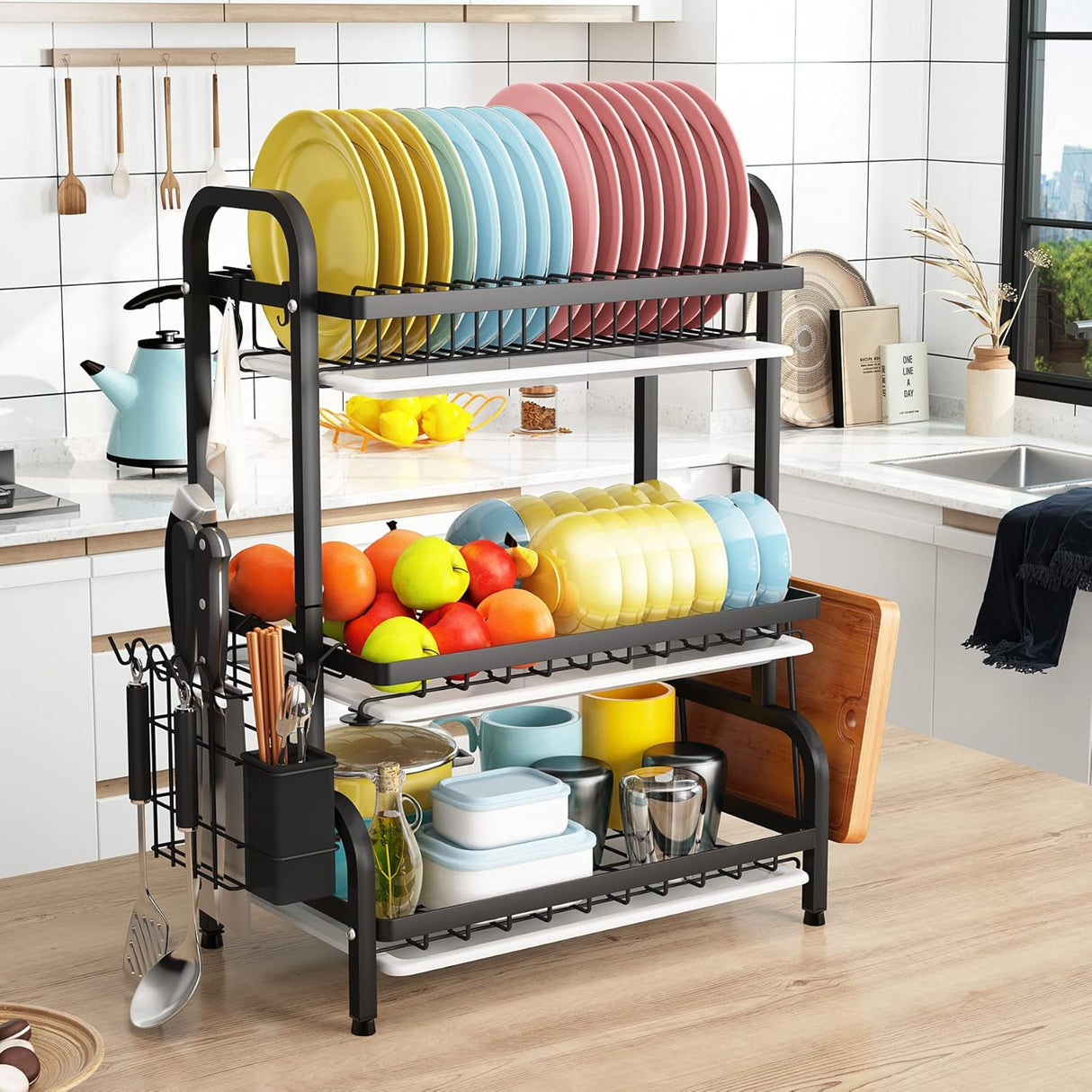 CARLA HOME Dish Drying Rack 3 Tier Large Capacity Kitchen Storage with Utensil and Cutting Board Holder-1992735288283238401