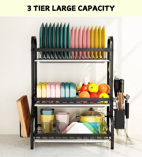 CARLA HOME Dish Drying Rack 3 Tier Large Capacity Kitchen Storage with Utensil and Cutting Board Holder-1992735288283238402