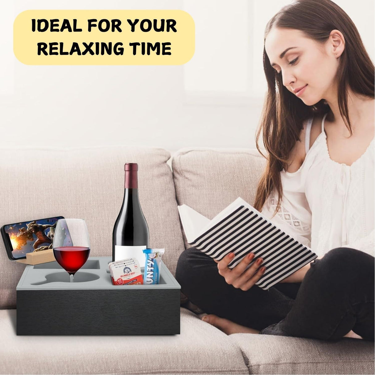 CARLA HOME Wooden Couch Cup Holder Tray with Soft Silicone & Rotatable Phone Holder for Storaging Drinks & Snacks-1992735293706473473