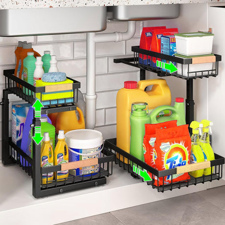 CARLA HOME Set 2 pcs - 2-Tier Kitchen Under Sink Organiser Storage with Height Adjustable, Unique Slide Rail & Suction Cups for Storage-1978962251184476160
