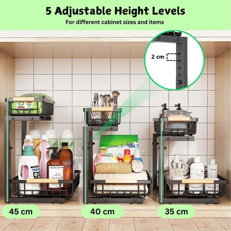 CARLA HOME Set 2 pcs - 2-Tier Kitchen Under Sink Organiser Storage with Height Adjustable, Unique Slide Rail & Suction Cups for Storage-1978962251184476163