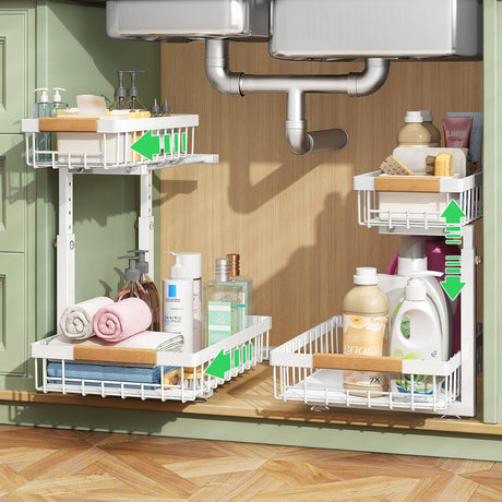 CARLA HOME Set 2 pcs - 2-Tier Kitchen Under Sink Organiser Storage with Height Adjustable, Unique Slide Rail & Suction Cups for Storage-1978962251352248320
