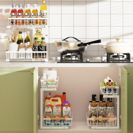 CARLA HOME Set 2 pcs - 2-Tier Kitchen Under Sink Organiser Storage with Height Adjustable, Unique Slide Rail & Suction Cups for Storage-1978962251352248321