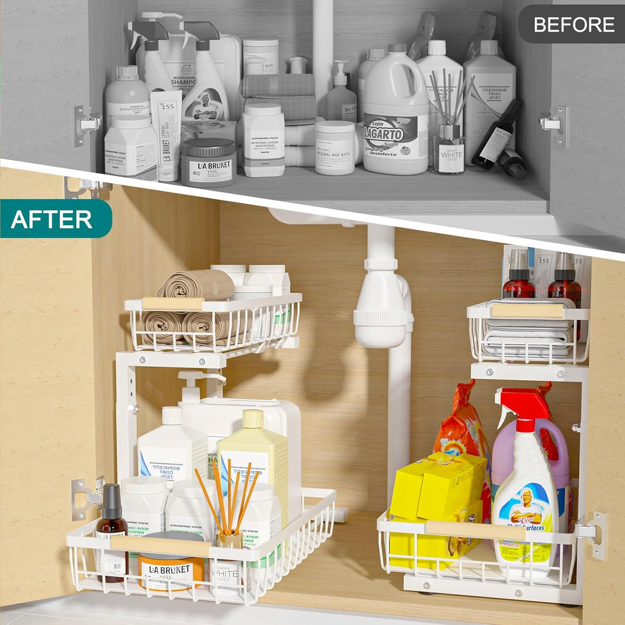 CARLA HOME Set 2 pcs - 2-Tier Kitchen Under Sink Organiser Storage with Height Adjustable, Unique Slide Rail & Suction Cups for Storage-1978962251352248326