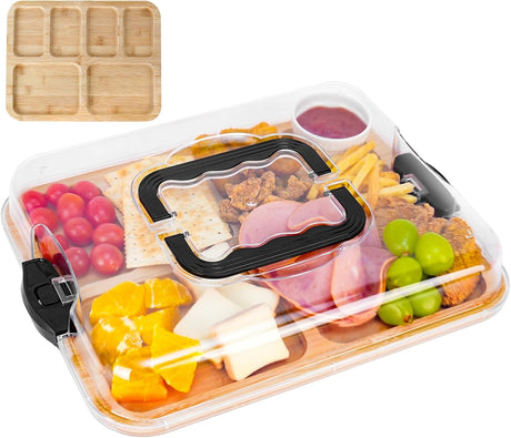 CARLA HOME Bamboo Charcuterie Board with Lid & Handle ideal Gift for Kitchen, Party & Picnic (6 Compartments)-1992735284592250880