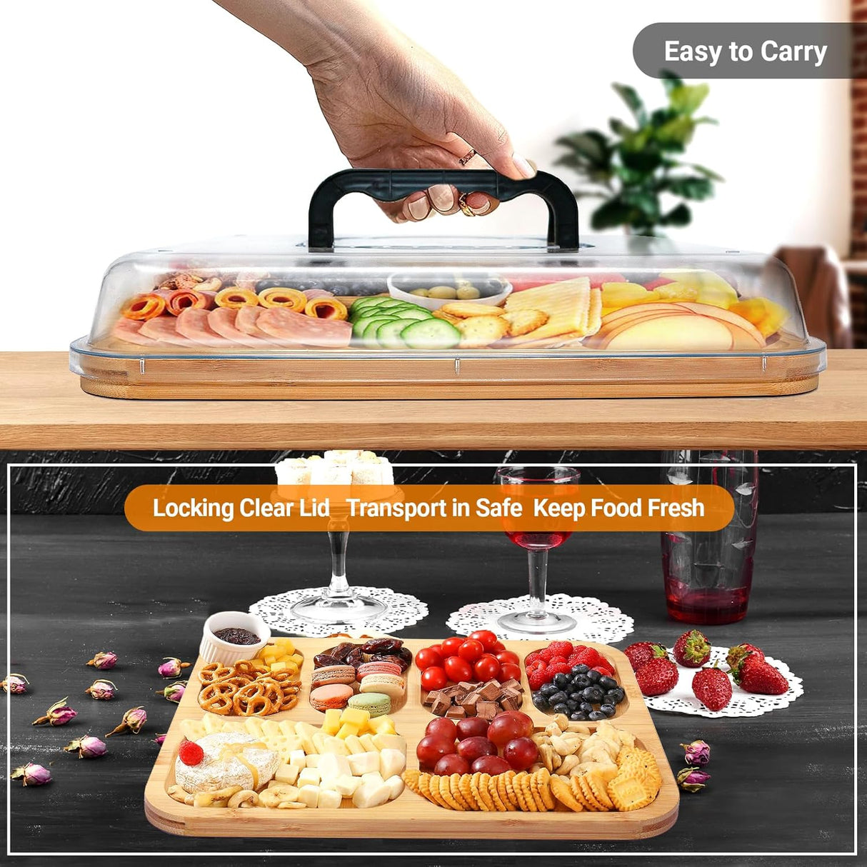 CARLA HOME Bamboo Charcuterie Board with Lid & Handle ideal Gift for Kitchen, Party & Picnic (6 Compartments)-1992735284592250881
