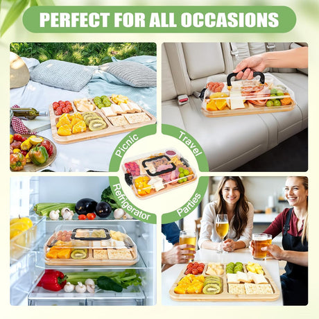 CARLA HOME Bamboo Charcuterie Board with Lid & Handle ideal Gift for Kitchen, Party & Picnic (6 Compartments)-1992735284592250887