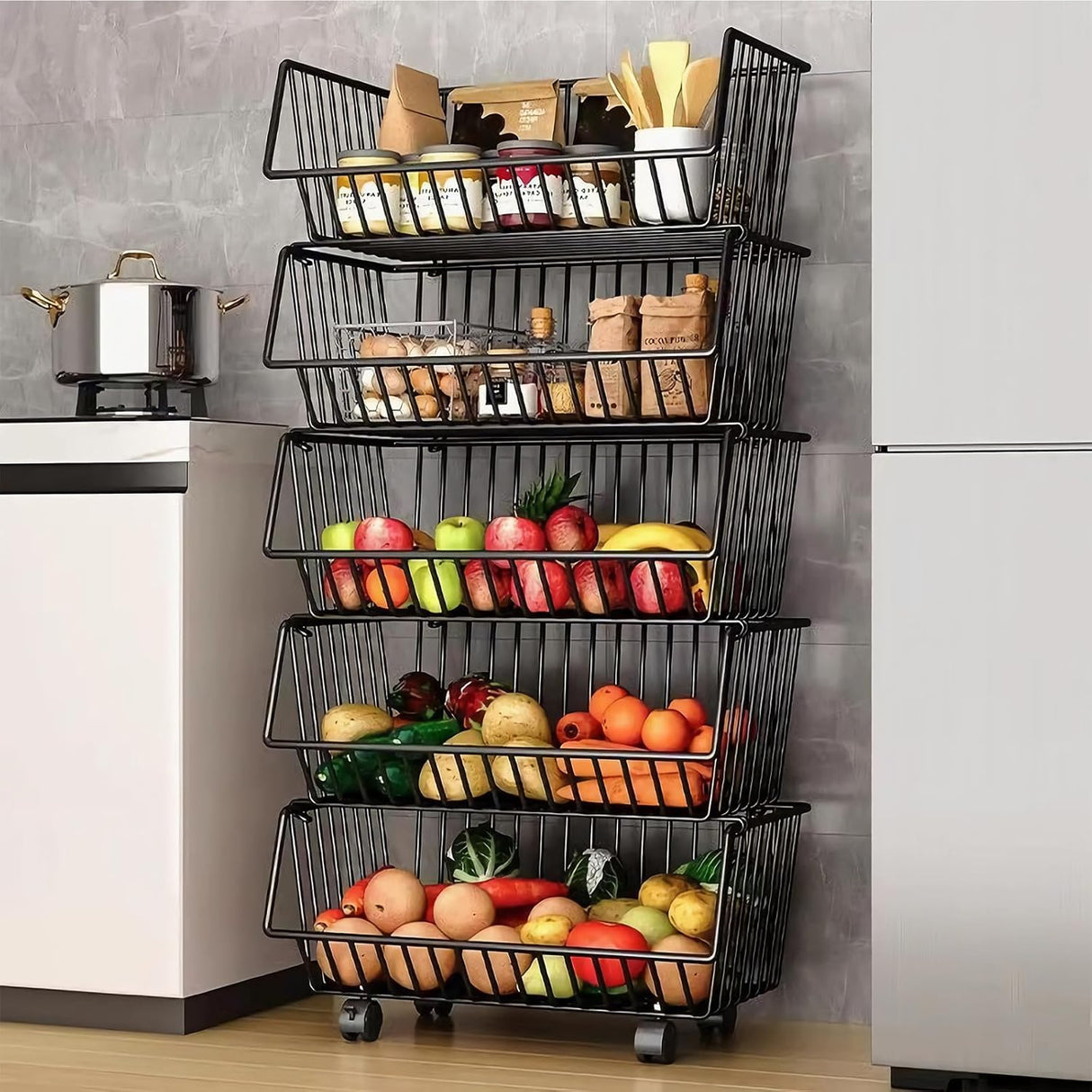 CARLA HOME Metal 5-Tier Rolling Vegetable and Fruit Basket Cart Stand for Kitchen-1992735284772605952